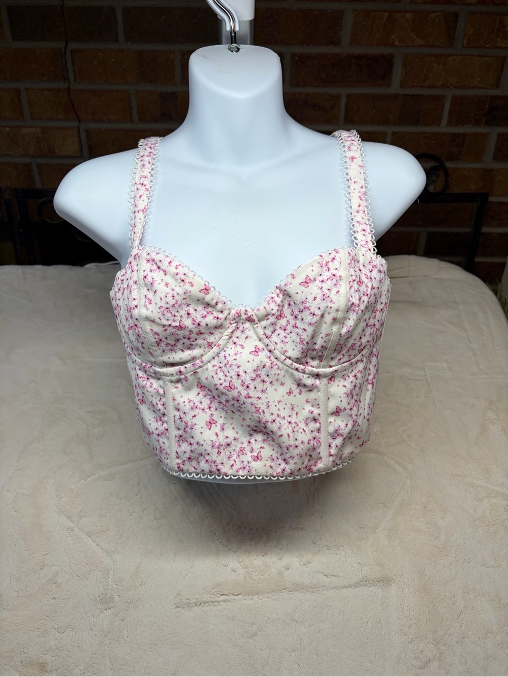 White Fox Weekend Love Bustier Pink Butterfly Corset Top Lace Zipper Size S NWT